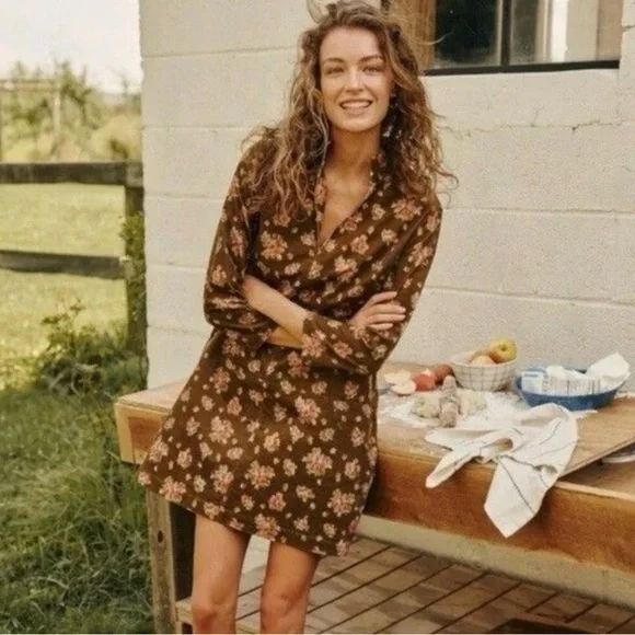 NWT Tuckernuck Brown Floral Long Sleeve Corduroy boutique dress - Picture 4 of 7